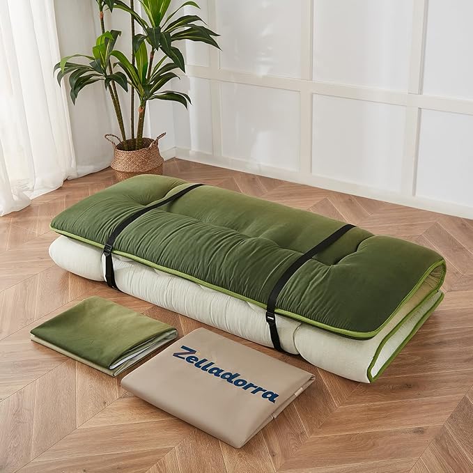 Japanese Floor Mattress, Futon Mattress with Portable Storage Bag and Washable Cover, Roll Up Thick Tatami Mat Suitable for Camping, Guest Room (Forest Gradient, Twin)
