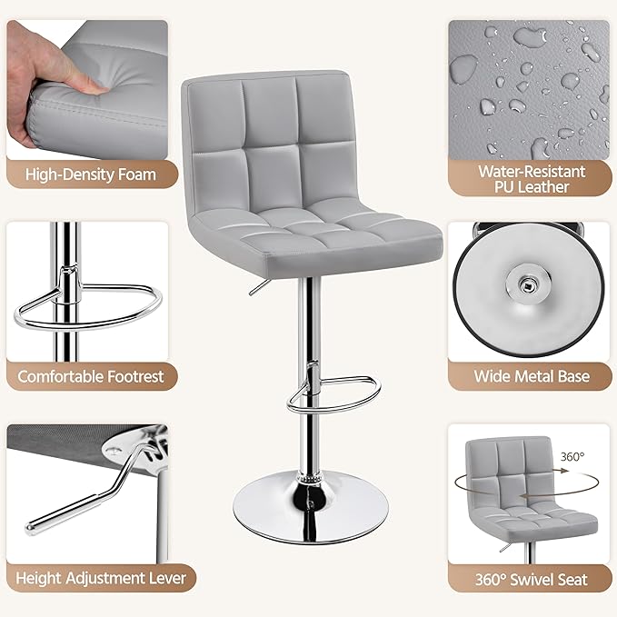 Yaheetech Bar Stools Set of 2, PU Leather Adjustable Barstools, Modern Counter Stools with Back and Footrest, Counter Height Barstools for Bar, Kitchen, Dining Room, Light Gray