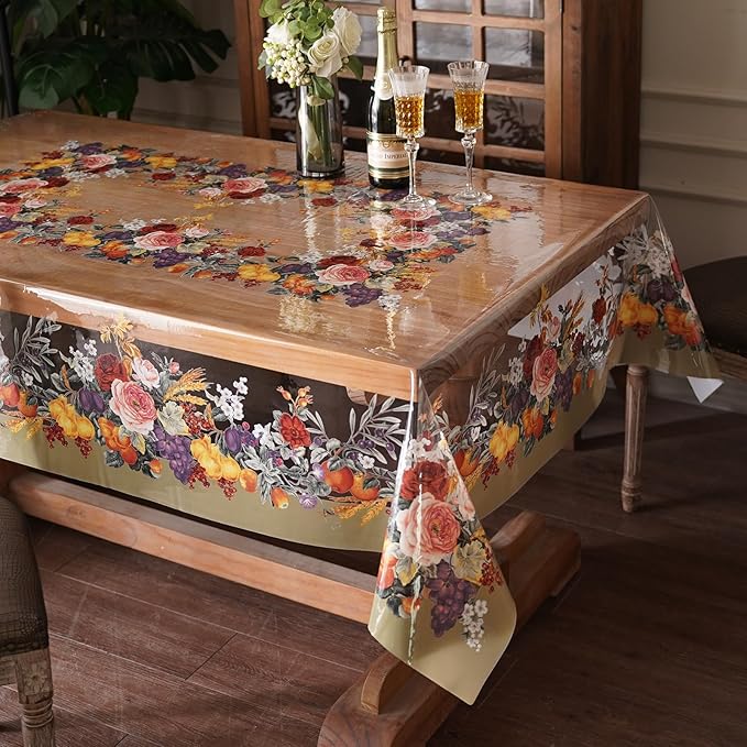 Clear Table Cover Protector Vinyl PVC Rectangle Table Cloth with Floral Fruit Pattern Oil Spill Proof Plastic Tablecloths for Dining Tables Parties Holidays (Floral Fruit, 55 x 84 Inches)