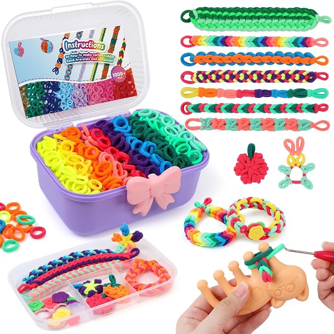 IQBOX Bracelet Making Kit Arts and Crafts for Girls Ages 8-12, Weaving Loom Rainbow Bands DIY Toys Birthday Gifts for Kids 6 7 9 10 11 13 Year Old, 1000+ Elastic Cloth Rubber Band Fabric Loops