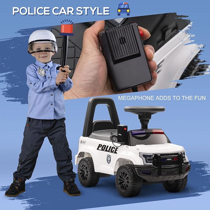 Aosom Kids Push Ride On Car with Working PA System and Horn, Police Truck Style Foot-to-Floor Sliding Car for Boys and Girls with Under-Seat Storage, for 18 Months to 5 Years Old, White