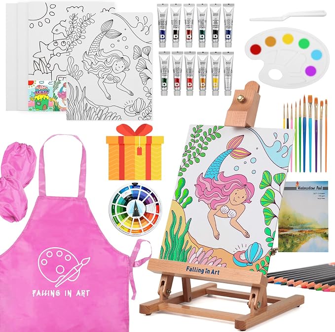 Falling in Art Tabletop Easel Set, Portable Wooden Art Easel Painting Kits for Kids, Easel for Painting Canvases, Including 12 Colors Acrylic Paints, 10 Paintbrushes and 4 Canvas Panels, Pink