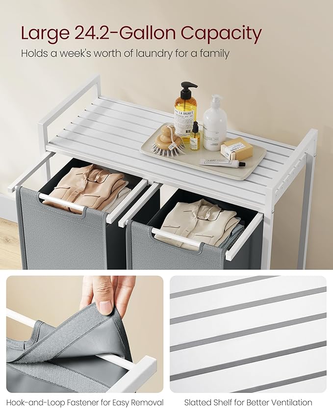 VASAGLE Laundry Hamper, Laundry Basket, Laundry Sorter with 2 Pull-Out and Removable Bags, Shelf, Metal Frame, 2 x 12.1 Gallons (46 L), 28.8 x 13 x 28.4 Inches, Slate Gray and Cloud White UBLH201W11