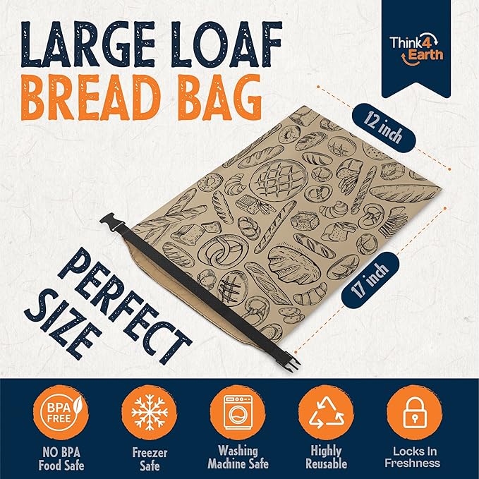 THINK4EARTH® Premium Brown Reusable Bread Bags for Homemade Bread – Durable & Washable (2 Pack)