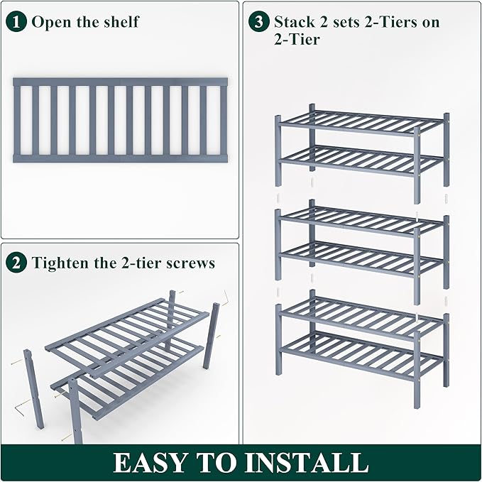 Smiry Shoe Rack, 6 Tier Thick Bamboo Shoe Organizer, Stackable Free Standing Wooden Shoe Storage Shelf for Closet, Entryway, Front Door Entrance, Grey