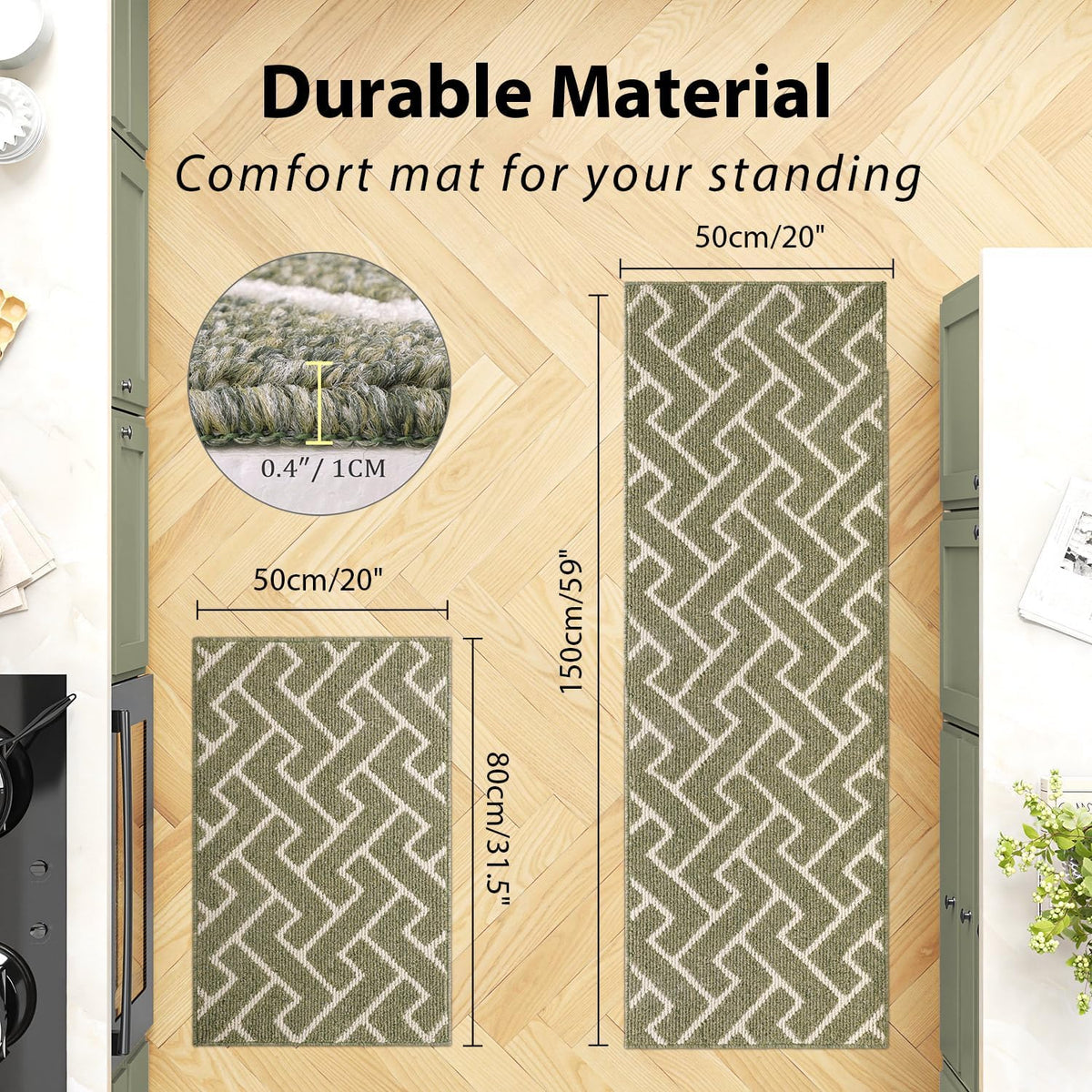 hicorfe Kitchen Rugs and Mats Sets,Non-Slip 2 Pieces Absorbent 100% Polypropylene Rug,Comfort Kitchen Runner Mat,Washable for Kitchen,Sink,Laundry(20" x 31.5" Plus 20" x 59",Green)