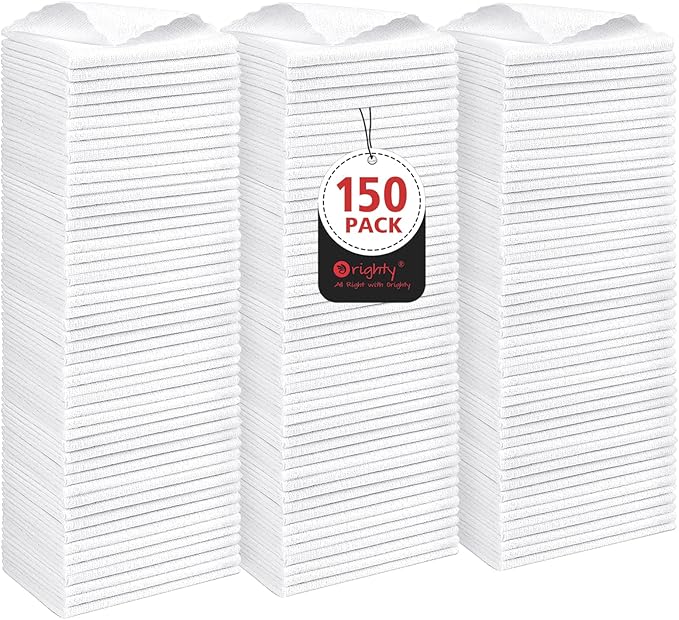 Orighty Cleaning Cloths Bulk, 150 Pack Shop Rags Reusable, Multi-Purpose Shop Towels for Cars, Microfiber Cleaning Rags for Automotive, Mechanic, Kitchen, Lint Free Towels 11.5’’ x 11.5’’, White