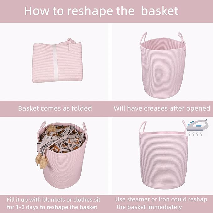 Cotton Rope Laundry Basket Hamper for Clothes Woven Storage Basket for Living Room Bedroom Boho Tall Rope Baskets for Blanket Toys Pillow Towels Baby Nursery Hamper Bin Large light pink