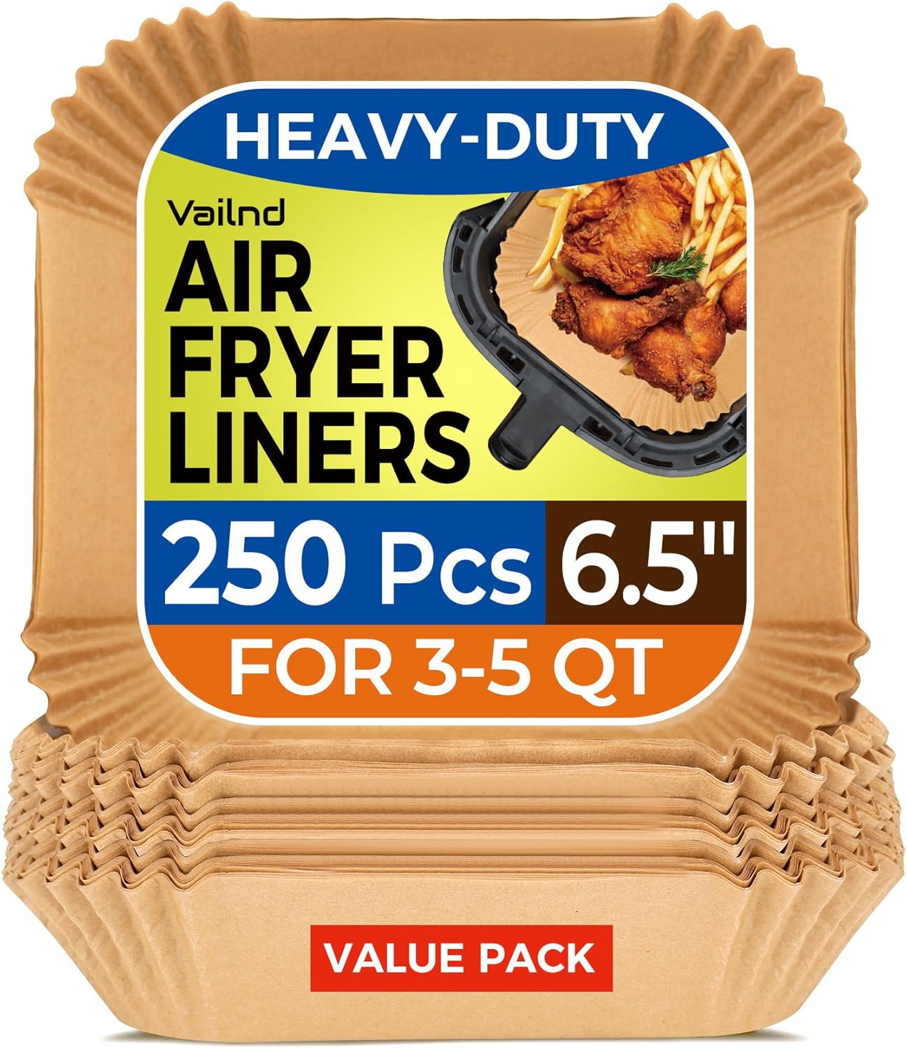 Air Fryer Paper Liners: 250Pcs Parchment Paper Sheets, Air Fryer Liner Disposable, Oilproof Waterproof Airfryer Basket Liner Square (6.5inch)