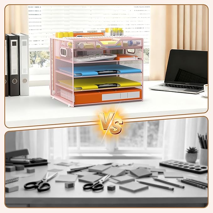 Docnest 5 Tier Letter Tray with Hanging File Organizer-Mesh Desk Organizer-Desktop Storage Box Built in Pen Holder and Handles, File Folder Holder for Mail Documents Office Supplies-Pink