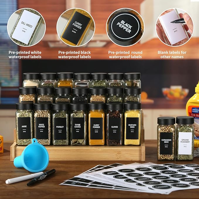 36 Glass Spice Jars with Labels, Spice Jar Set, 4oz Spice Containers, Seasoning Containers with Black Airtight Lids and Shaker Lids, Square Empty Spice Bottles, 492 Labels, 1 Funnel