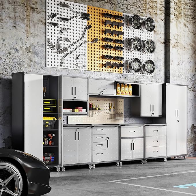 Garage Storage Cabinets System 10 PCS Workshop Set with Drawers Locking Heavy Duty Rolling Cart with Adjustable Shelves Garage Tool Workbench Cabinets (10 PCS)