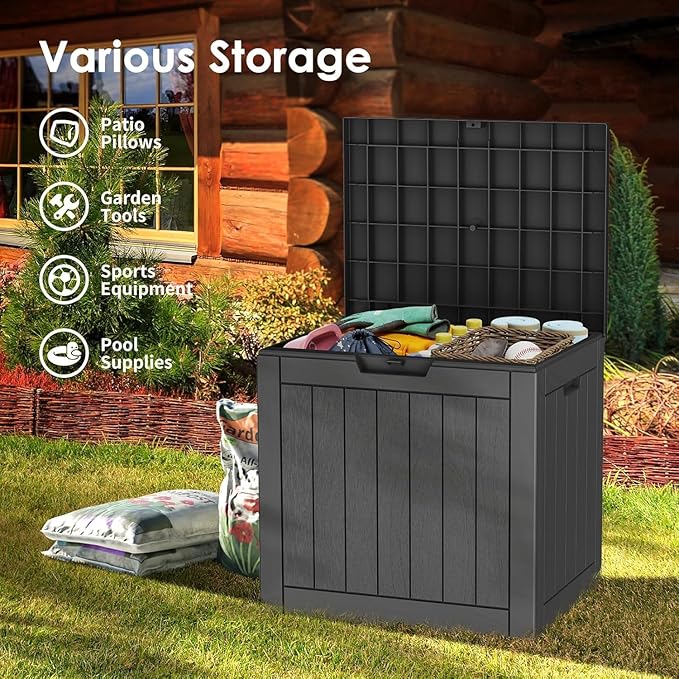 Outdoor Storage Box, 35 Gallon Resin Deck Box Waterproof for Patio, Poolside and Garden, Lockable UV-Resistant Storage Bin Bench Cabinet for Small Spaces, Black