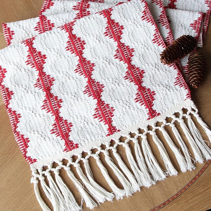 FEXIA Christmas Red Table Runner 13x72 Inches Long Christmas Runner for Table Boho Table Decor Rustic Farmhouse Xmas Decoration for Home Party Decor (Red Square)