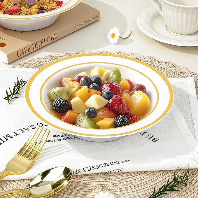 BESTVIP 50 Pack Plastic Bowls with Gold Rim, 12 oz Disposable Soup Bowls, Heavy-duty Dessert Salad Bowl for Party, Wedding, Christmas, Thanksgiving, Dinner, Catering