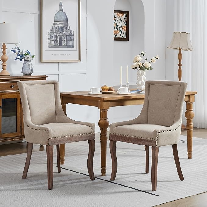 Modern Dining Chairs Set of 2, High Back Dining Chairs Side Chairs with Solid Wood Legs, Upholstered Fabric Dining Room Chairs for Dining Room Kitchen, Beige