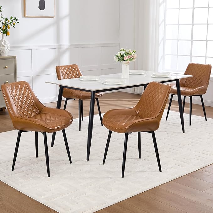 Dining Chair Set of 8, Modern Dining Chairs with Thick Cushions, Faux Leather Upholstered Kitchen Dining Room Chairs with Metal Adjustable Legs for Dining Living Room, Brown