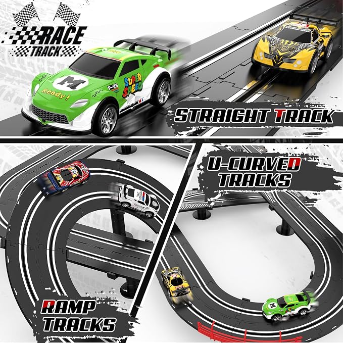 2 in 1 Slot Car Race Track Sets with 4 Slot Cars, 1:43 Electric Car Track for Boys, Dual Racing Game Lap Counter Circular Slope Track Sets, Birthday Gifts Toys for Boys Kids Ages 6 7 8 9 10 11 12