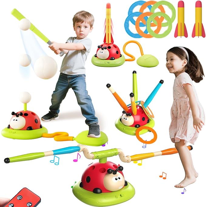 4 in 1 Musical Jump, Toss Ring Game, Baseball Toys and Stomping Launch Rocket Launcher for Kids Toys & Games with Remote, Indoor Outdoor Toys for Kids Ages 4-8 3-5 Baseball Party Favors Birthday Gift