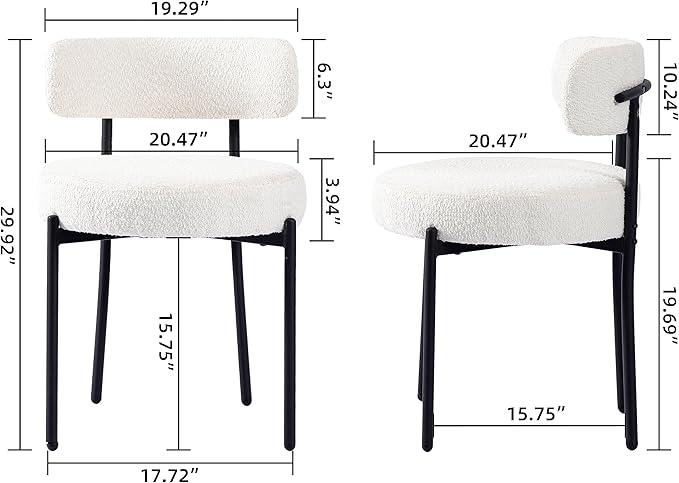DYHOME White Boucle Dining Chairs Set of 2, Mid Century Modern Kitchen Chairs, Upholstered Dining Room Chairs with Curved Backrest and Black Metal Legs