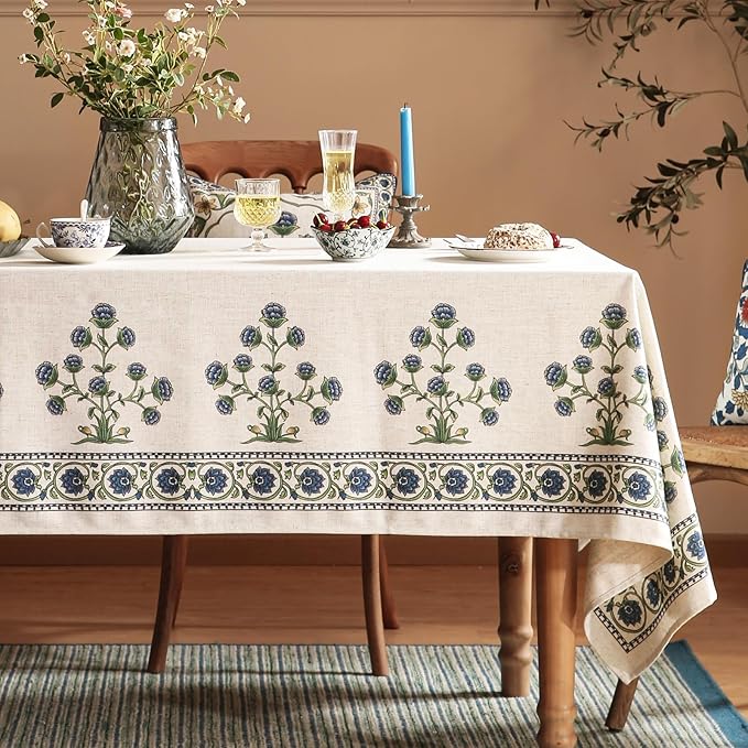 patdrea Designer Linen Vintage Blue Rectangle Tablecloth,Leaves Pattern Anti-Wrinkle Floral Table Cloth,French Decor Table Cover for Kitchen Dining,Christmas,Thanksgiving,Party,55"x87"-Ivar B