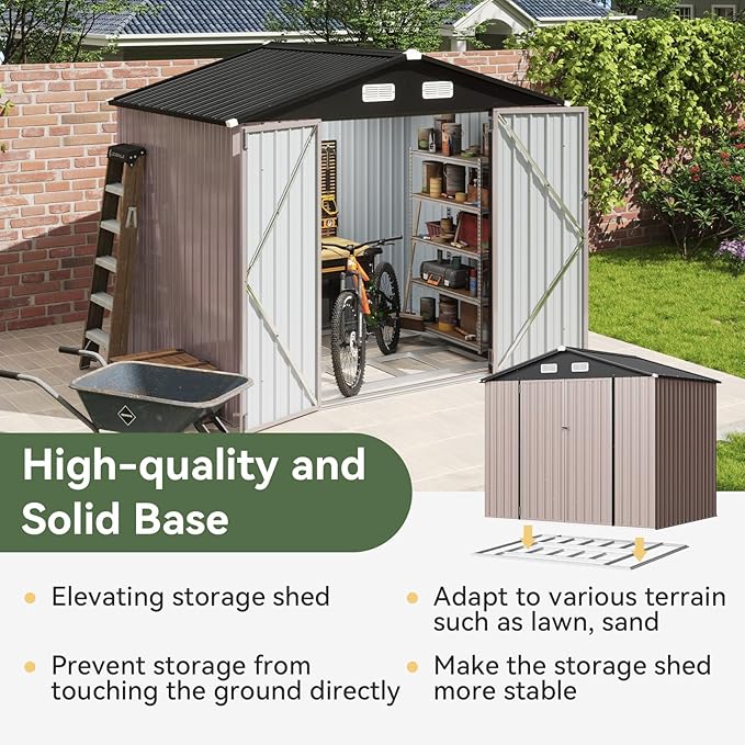 Aoxun 8x6 FT Outdoor Storage Shed with Base Garden Metal Shed with Lockable Door Outdoor Large Shed for Tool, Garbage Can, Bike, Mower, Brown