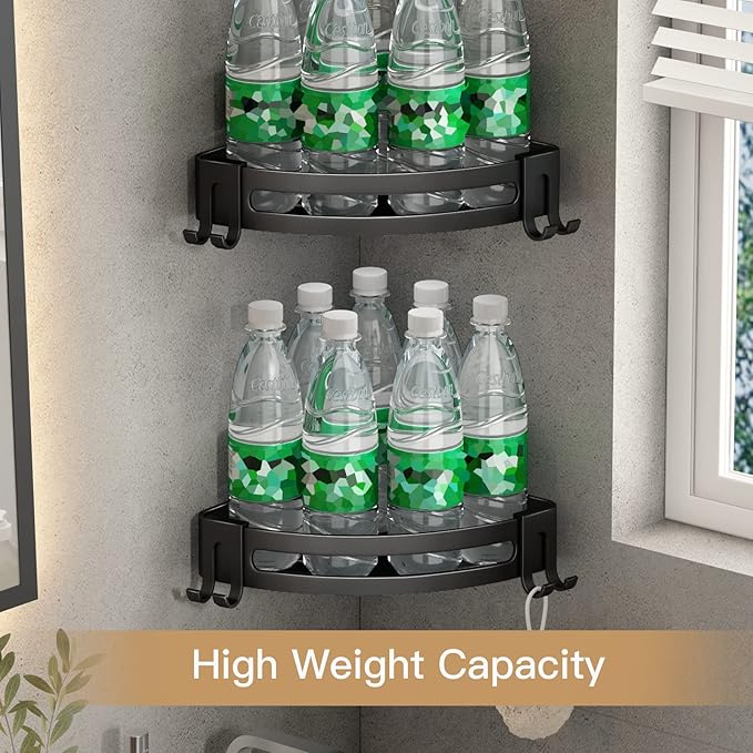 VOLPONE Corner Shower Caddy with Razor Holder Adhesive Shower Shelf Corner No Drilling (adhesive mounting, no suction cup) Bathroom Shower Organizer Storage Rack (2-Pack, Black)