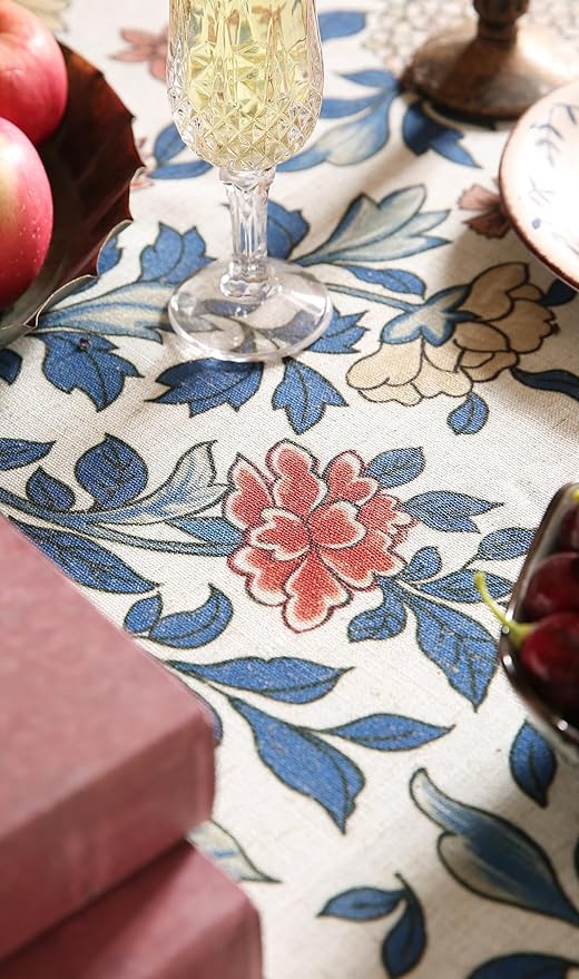 patdrea Designer Blue Tablecloth for Square Table,Vintage Linen with Leaves and Floral Pattern Tablecloths,Farmhouse Floral Decor Cover for Kitchen Dining Christmas,Thanksgiving,67"x67"-Ivar a