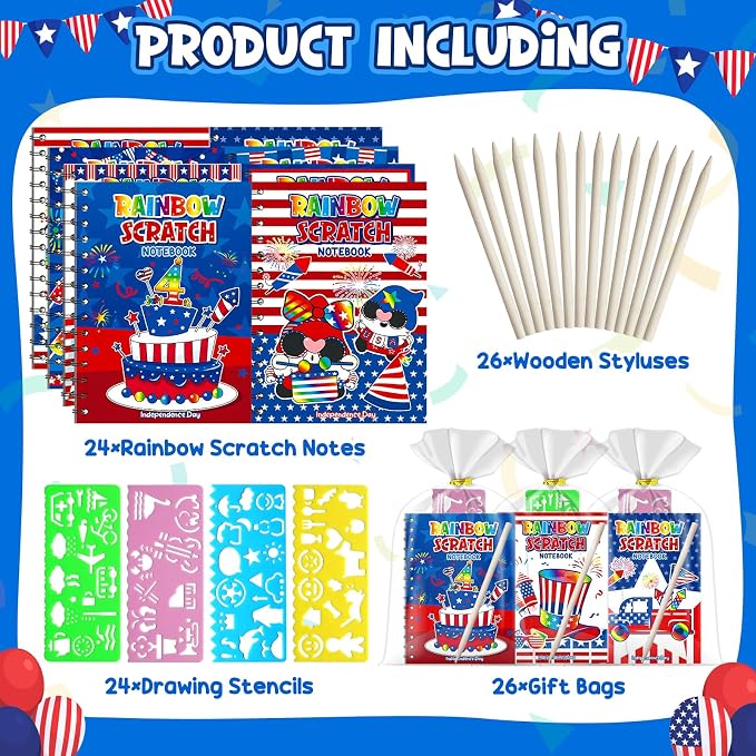 Party Favors for Kids: 24 Pack 4th of July Rainbow Scratch Art Notebook Classroom Supplies Bulk for Girls Boys Goodie Bags Stuffers, Independence Day Party Gift Kid Crafts