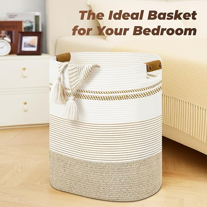 Laundry Basket with Handles - Blanket Basket & Hampers for Bedroom Aesthetic, Laundry Hamper & Blanket Storage for Living Room, Clothes Hamper, Tall, Large 17" x 14" x 22”, Light Brown & White