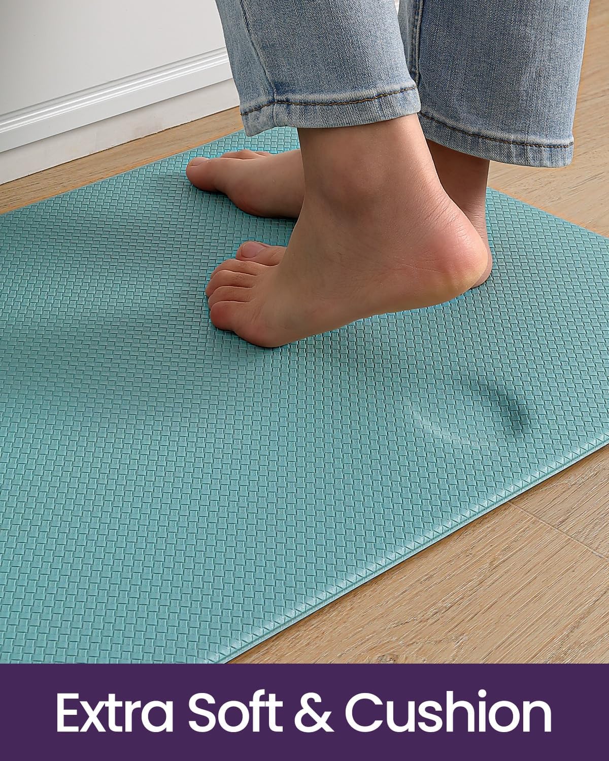 DEXI Kitchen Floor Mats Cushioned Anti Fatigue,17x29+17x59, Standing Runner Rug Waterproof, Comfort Memory Foam Padded for Front Sink Laundry Set of 2, Turquoise