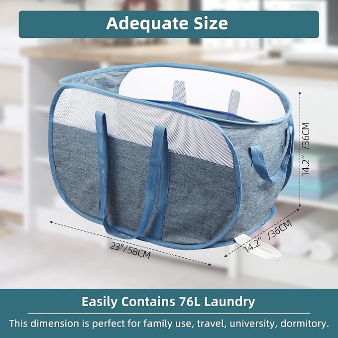 2 Pcs Collapsible Laundry Baskets, Tear Proof Pop Up Laundry Hamper with Dual Handles, Durable Foldable Laundry Basket, Easy to Carry Laundry Hamper for Home, Laundry Room, Bedroom, Dorm, Travel Blue