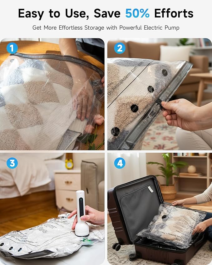 20 Pack Travel Vacuum Seal Bags with Rechargeable Electric Pump, 4 Sizes Space Saver Vacuum Storage Bags for Luggage, Suitcase & Home Organization, Reuseable Vacuum Seal Bags for Clothing