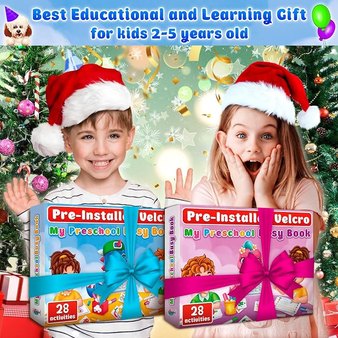 Curious 2 Learn Busy Book for Toddlers 3-5 – Montessori Preschool Learning Activities, Velcro Sensory Toy, Travel Toys Airplane Car, 28 Activities with Carry Bag & Markers – Pre-K Gift Boys Girls