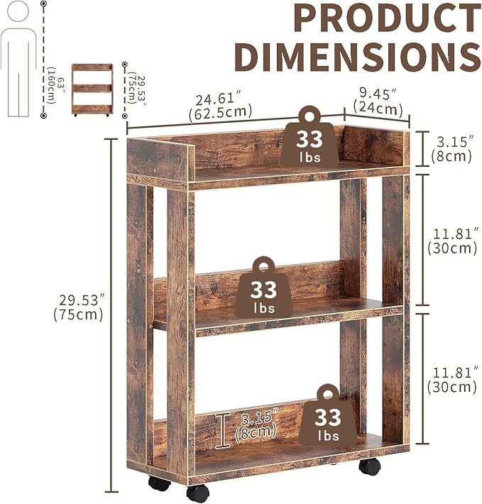 ALISENED 3 Tier Nightstand with Wheels, Wood Small Bookshelf and Bookcase, Farmhouse Bedside End Table with Storage Rack for Bedroom, Library, Living Room, Home, Office Cart, Rustic