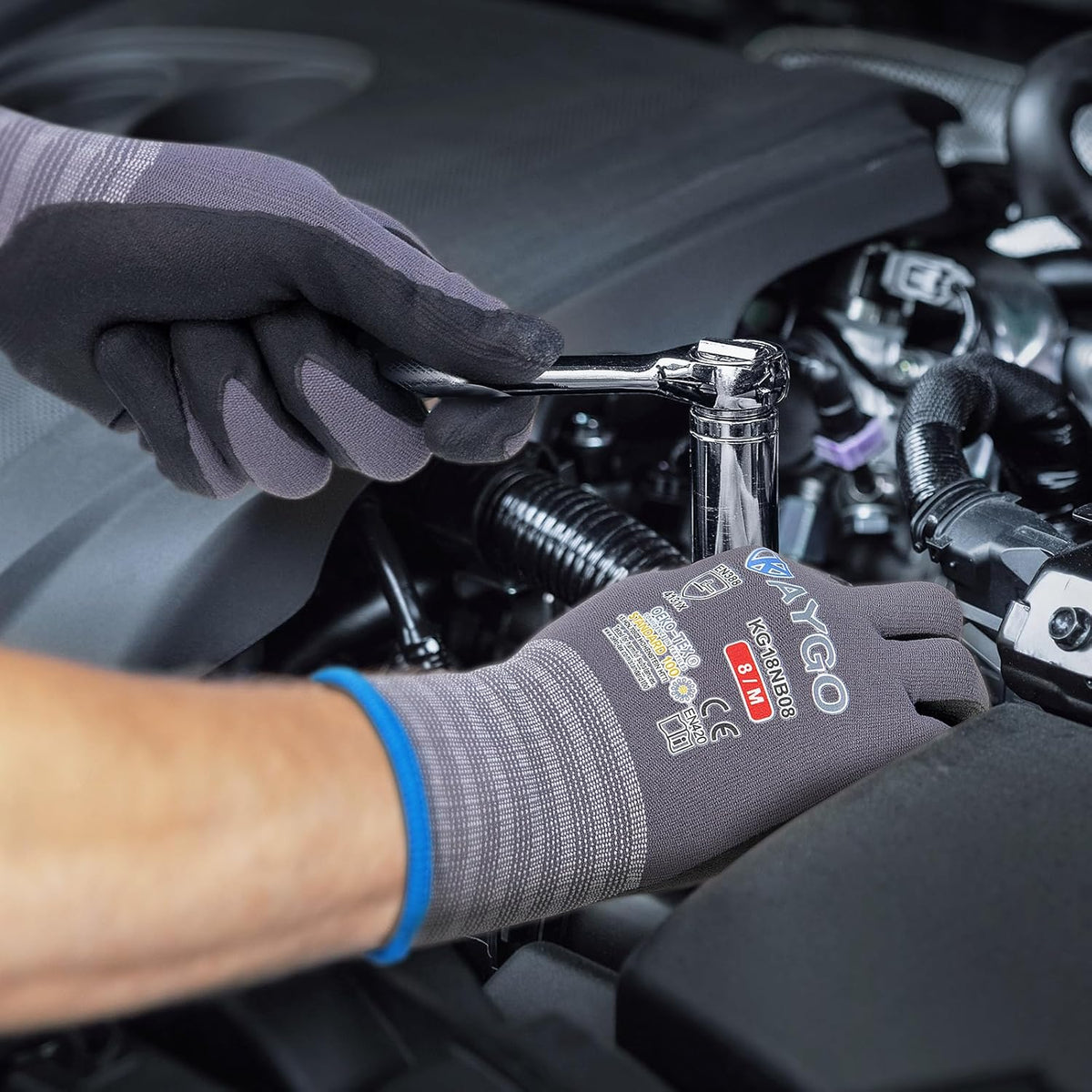 KAYGO Safety Work Gloves MicroFoam Nitrile Coated-12 Pairs, KG18NB,Seamless Knit Nylon Glove with Black Micro-Foam Nitrile Grip,Ideal for General Purpose,Automotive,Home Improvement