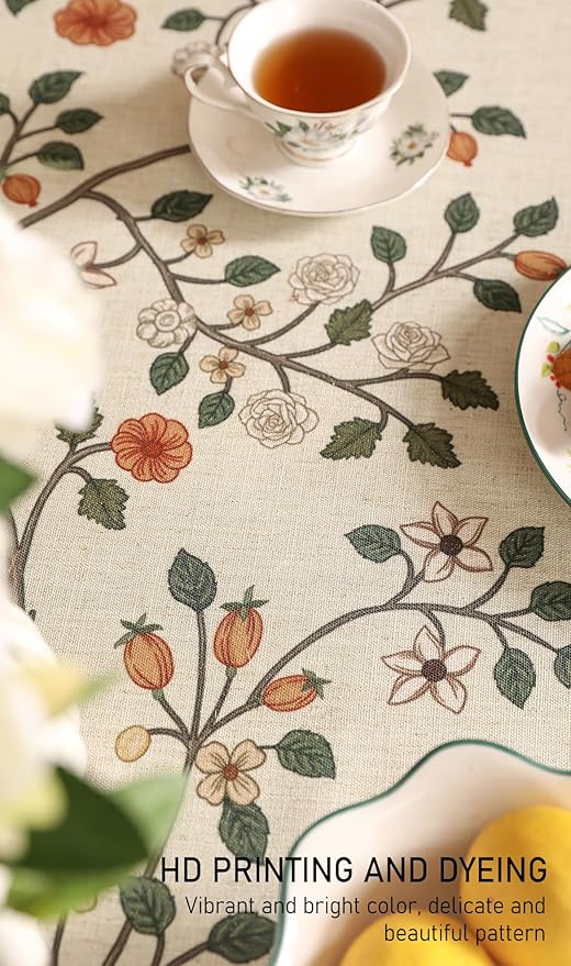 ISAENNE Designer Floral Extra Long Rectangle Tablecloth,French Linen Light Beige Indoor Table Cloth,Fall Wrinkle Resistant Decor Tablecloths for Dining Thanksgiving Kitchen,63"*110"-Flora A