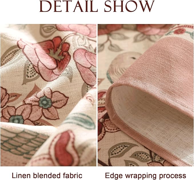 patdrea Designer Pink Linen Table Cloth for Rectangle Table,Vintage Floral with Birds Pattern Decorative Tablcloth,French Table Cover for Kitchen Dining,Thanksgiving,Christmas,55"x87"-Kulom a