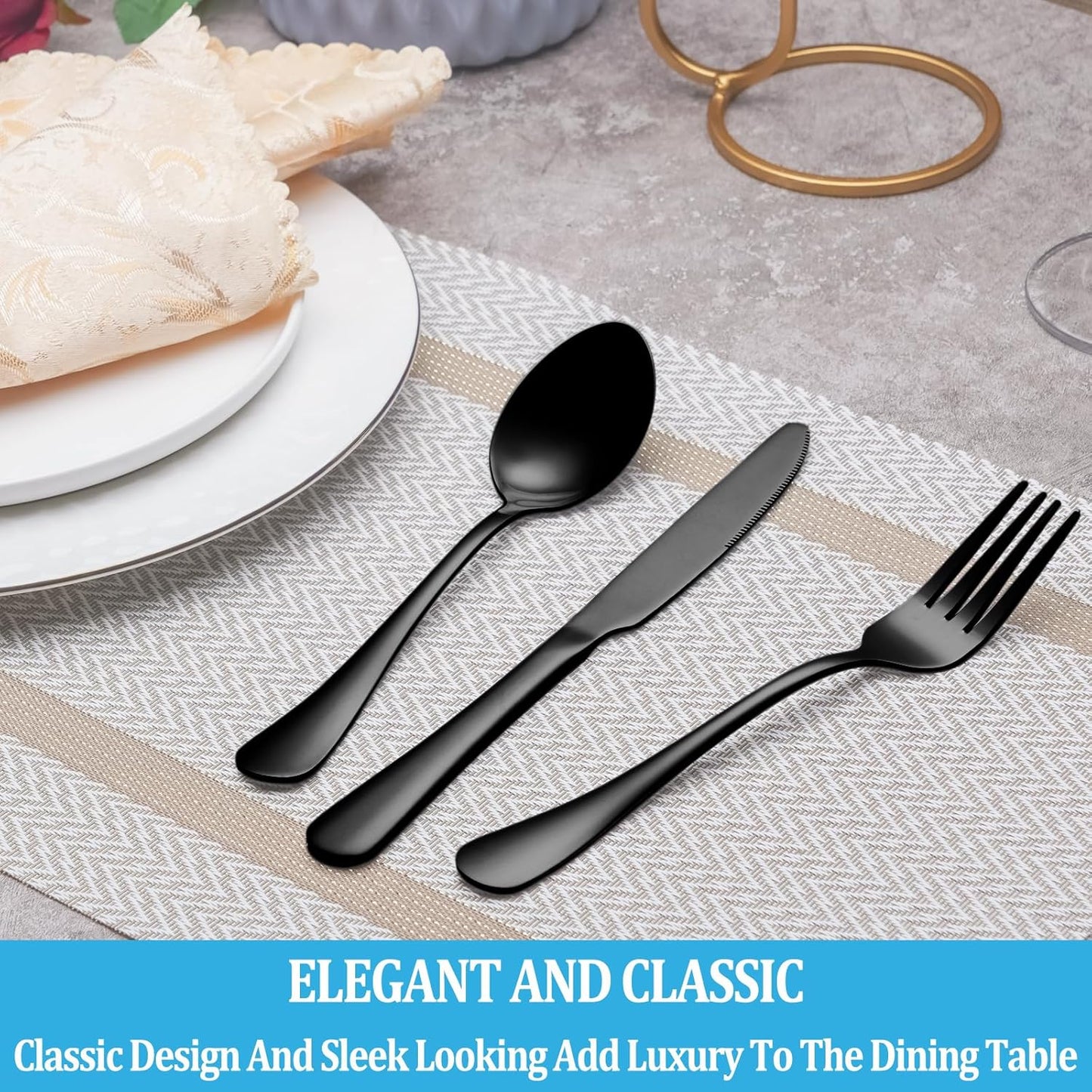 40 Pcs Black Silverware Set, Stainless Steel Flatware Set Service for 8, Mirror Polished Cutlery Utensil Set, Durable Home Kitchen Eating Tableware Set, Include Fork Knife Spoon Set, Dishwasher Safe