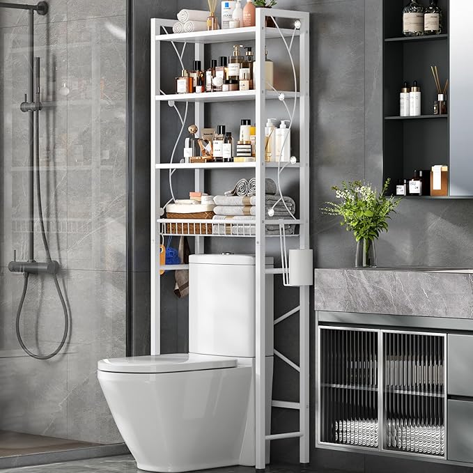 Over-The-Toilet Storage Rack, 4-Tier Bathroom Organizer Shelf Over Toilet with Adjustable Shelf and Basket, Freestanding Space Saver Bathroom Shelves Above Toilet for Room (Pure White)