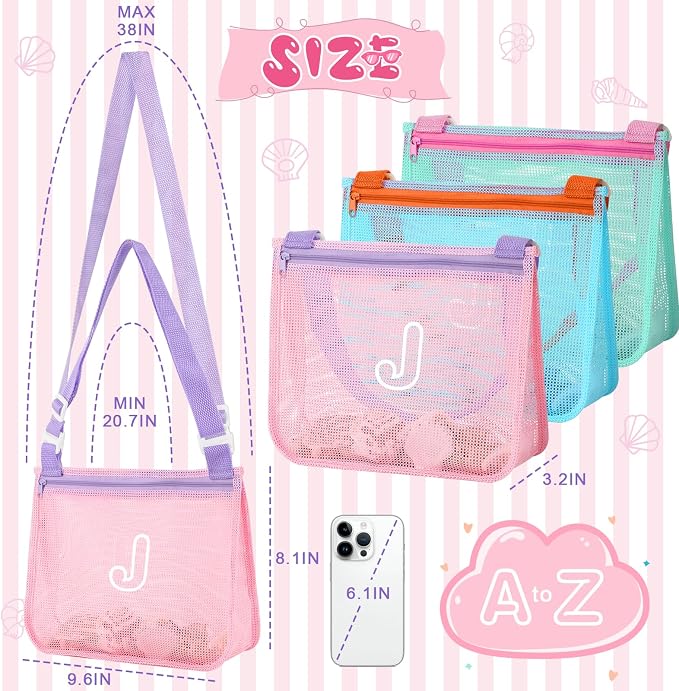 3Pcs Personalized Kids Beach Shell Bag, Initial Seashell Mesh Zipper Beach Pouch, Shell Collecting Bag for Holding Shells with Adjustable Straps, Sand Toys Swim Pouch Gift for Girl Boy Teens(Letter J)