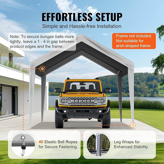 VEVOR Carport Replacement Canopy Cover 10 x 20 ft, Garage Top Tent Shelter Tarp Heavy-Duty Waterproof & UV Protected, Easy Installation with Ball Bungees,Grey (Only Top Cover, Frame Not Include)