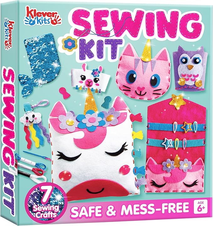 Klever Kits 7 Sewing Projects- My First Kids Sewing Kit- Easy DIY Arts and Crafts for Girls, Craft Kits, Birthday Gifts for Kids Aged 6+, Unicorn and Mermaid Pillow