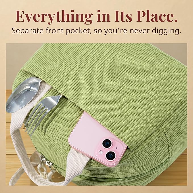 Insulated Lunch Bag for Women Men, Stylish Corduroy Tote Bag with Aluminum Lining, Large Capacity Reusable Cooler for Work, Travel, or Beach, Guacamole Green Lunch Box
