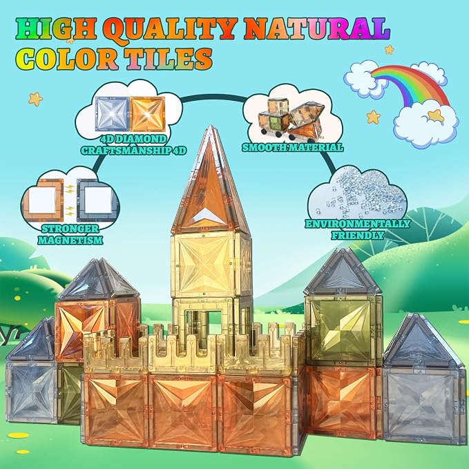100PCS Magnetic Tiles Montessori Toys Magnetic Blocks Kids Games STEM Classroom Educational Learning Sensory Magnet Natural Toy for Toddler Boys Girls 3+ Year Old with 2 Cars