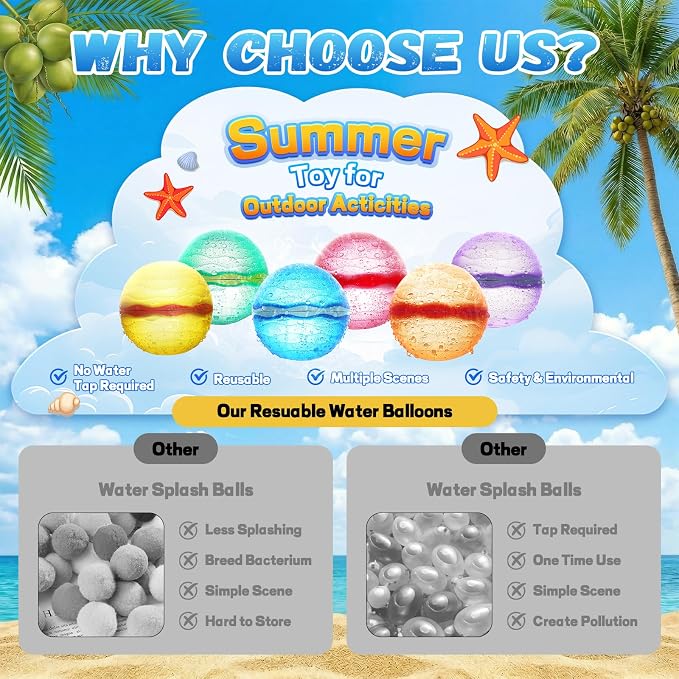 Reusable Water Balloons, Self-Sealing Refillable Magnetic Water Balls, Pool Beach Water Toys for Boys and Girls, Outdoor Summer Toys for Kids Ages 3+ (16 PCS)