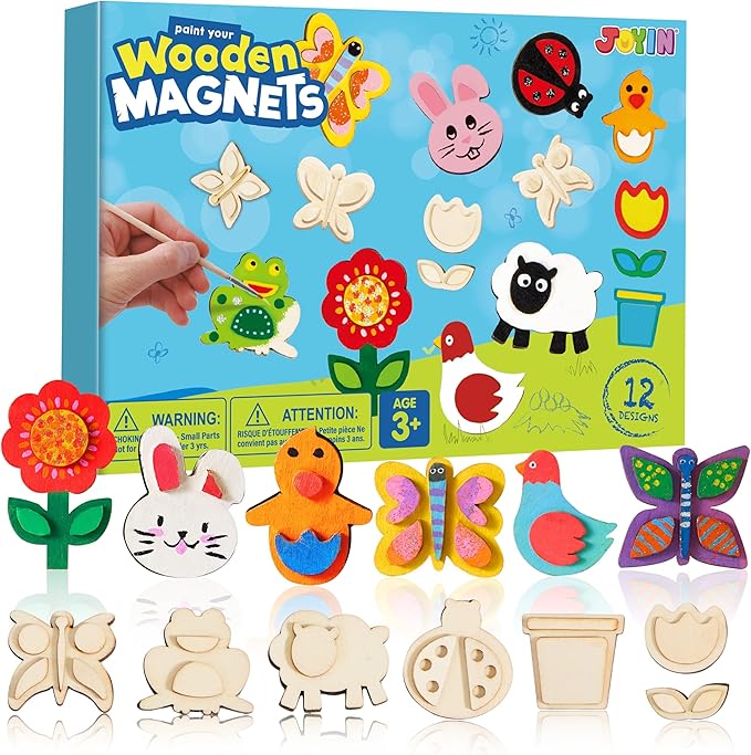 JOYIN 12 Wooden Magnet Creativity Arts & Crafts Painting Kit for Kids, Decorate Your Own Painting Gift for Halloween Crafts, Birthday Parties and Family Crafts, Party Favors for Boys Girls