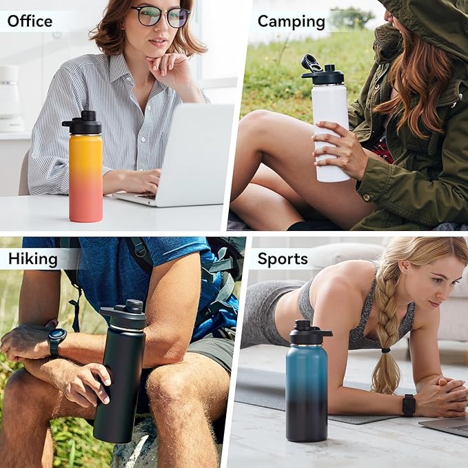 24 oz Insulated Water Bottle with Handle, 304 Stainless Steel Water Bottles with Wide Mouth, Double Wall Vacuum Sports Water Bottle, BPA Free, Keep Cold and Hot, Blue&Black