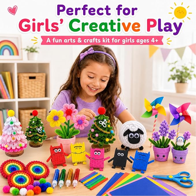FUNZBO 1200pcs+ Craft Kits with Pipe Cleaners, Pom Poms for Crafts, Popsicle Sticks for Craft, Arts & Crafts Supplies for Kids Ages 4-8 Girls & Boys Birathday Gifts