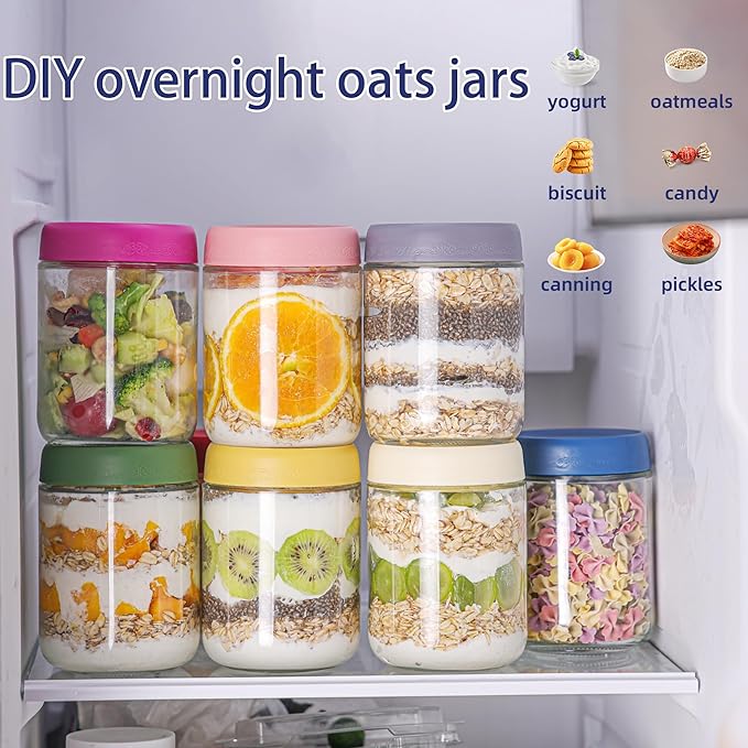18 OZ 4Pack, Overnight Oats Jars with Lids, Glass Meal Prep Containers, Airtight Mason Jars for Breakfast, Yogurt Parfait, Salad & Smoothies, Leakproof and Reusable Food Storage Jars(4-1)